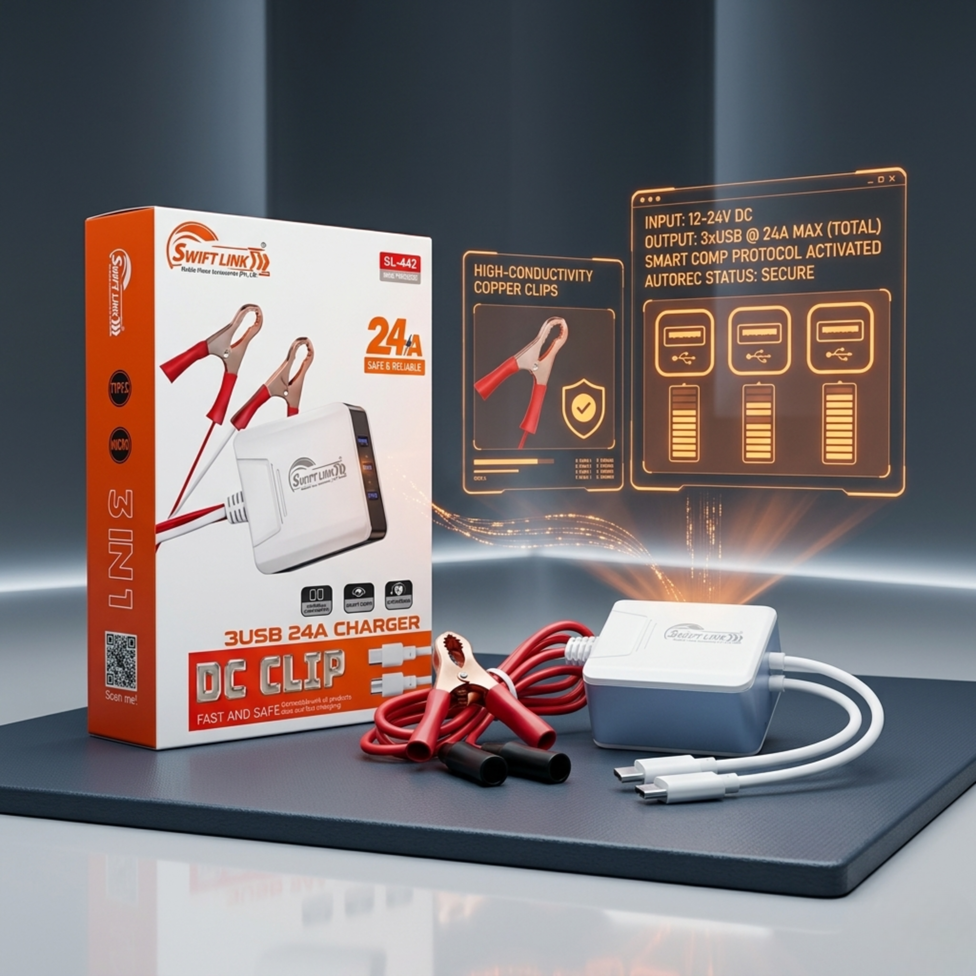 SwiftLink SL-442 24A 3 USB DC Clip Fast Charger for Car & Motorcycle Battery.