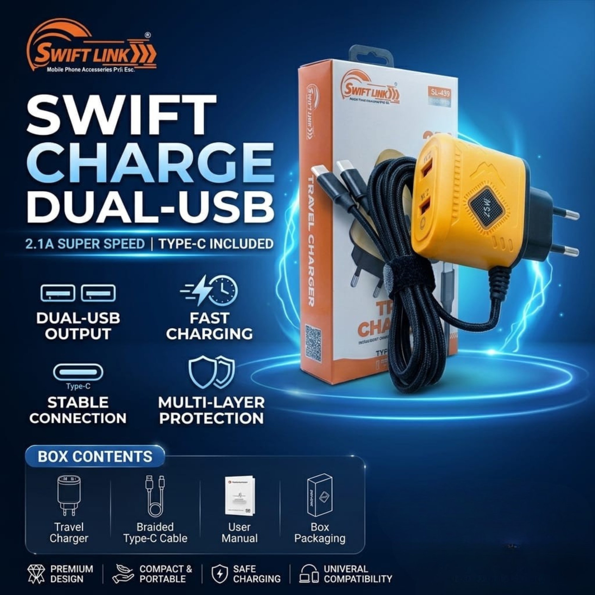 Swift Link SL-439 Travel Charger | 21A Fast Charging Adapter + Type-C Cable