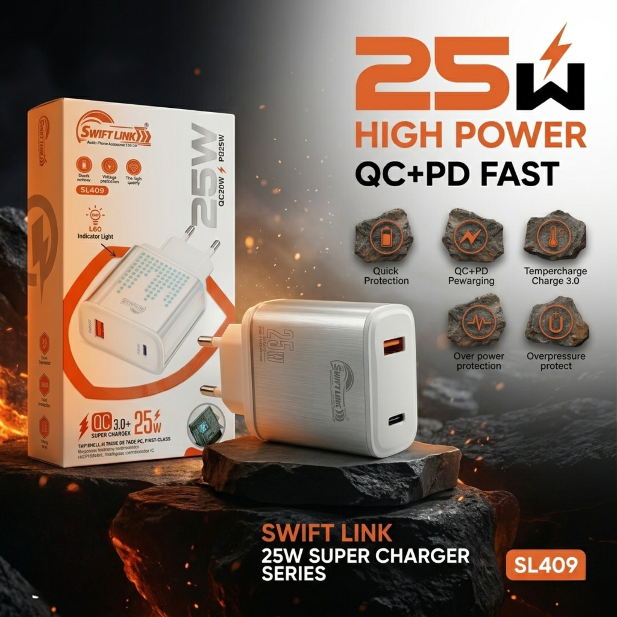 Swift Link SL-409 25W Fast Charger Dual USB Port QC 3.0 + PD 20W Wall Charger | LED Indicator | Fast Charging Adapter