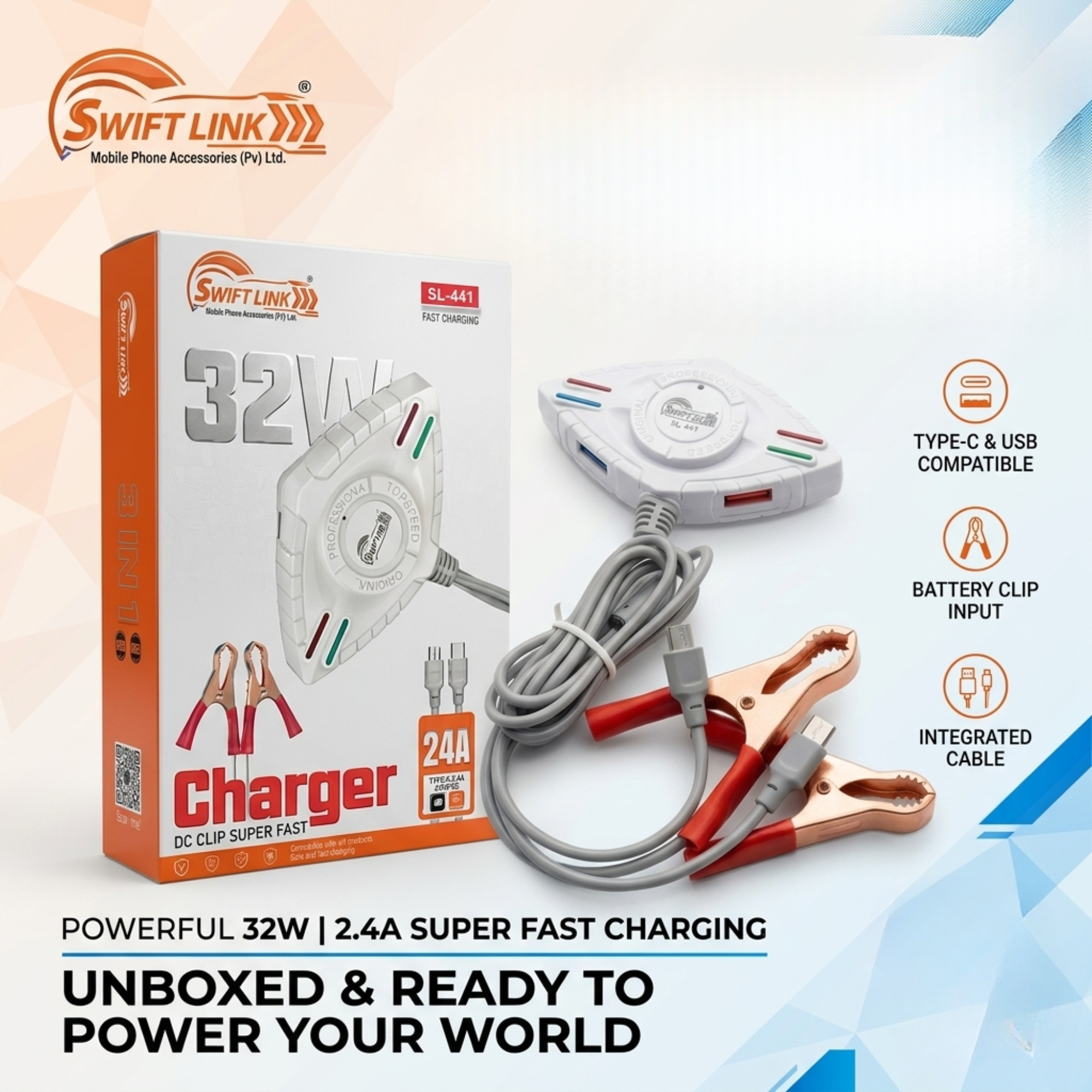 SwiftLink SL-441 32W Fast Charging DC Clip Charger | 3-in-1 Cable | 24A Battery Charger for Car, Motorcycle & UPS