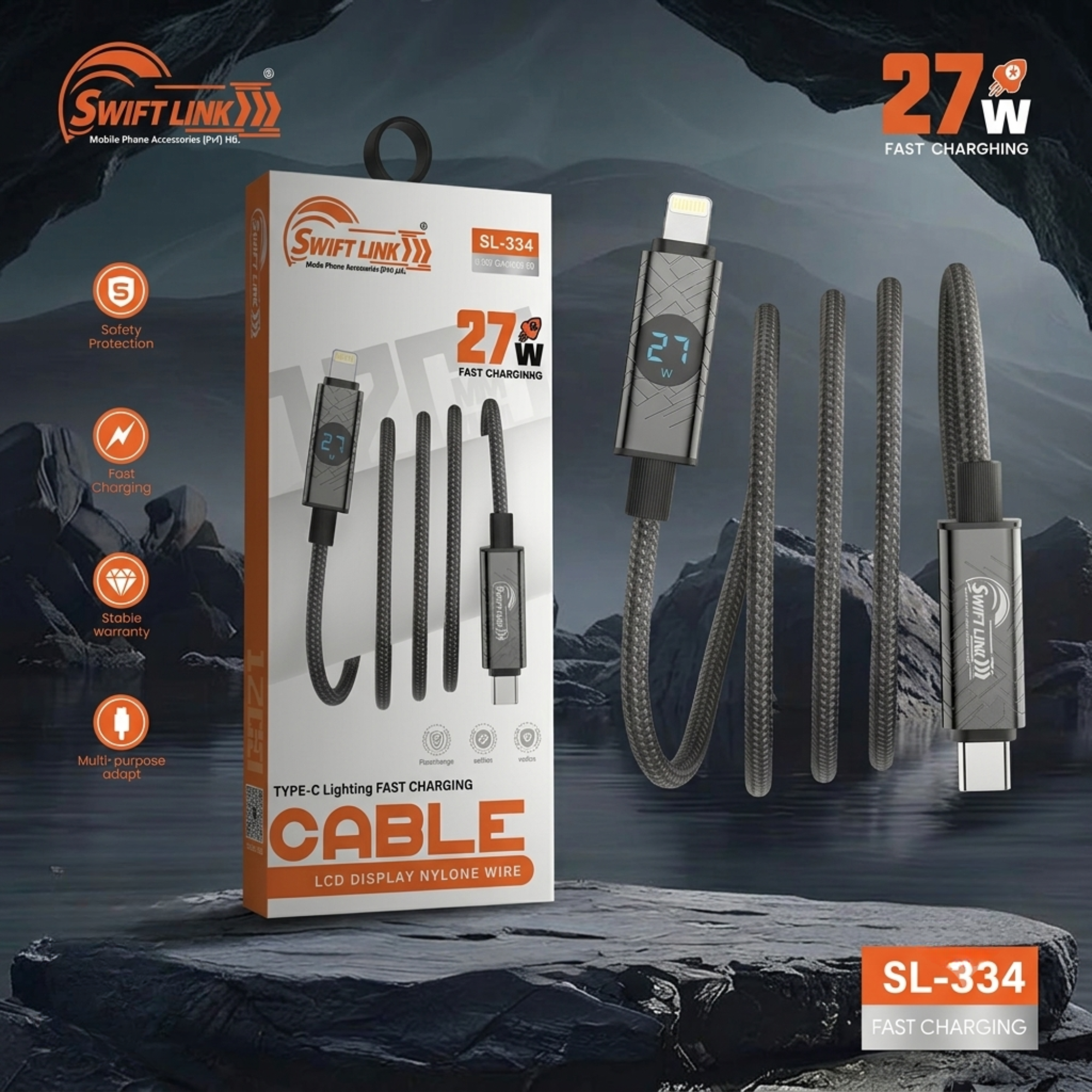 Swift Link SL334 Type-C to Lightning 27W PD Fast Charging Data Cable with LCD Display – 1 Meter Charging & Sync Cable