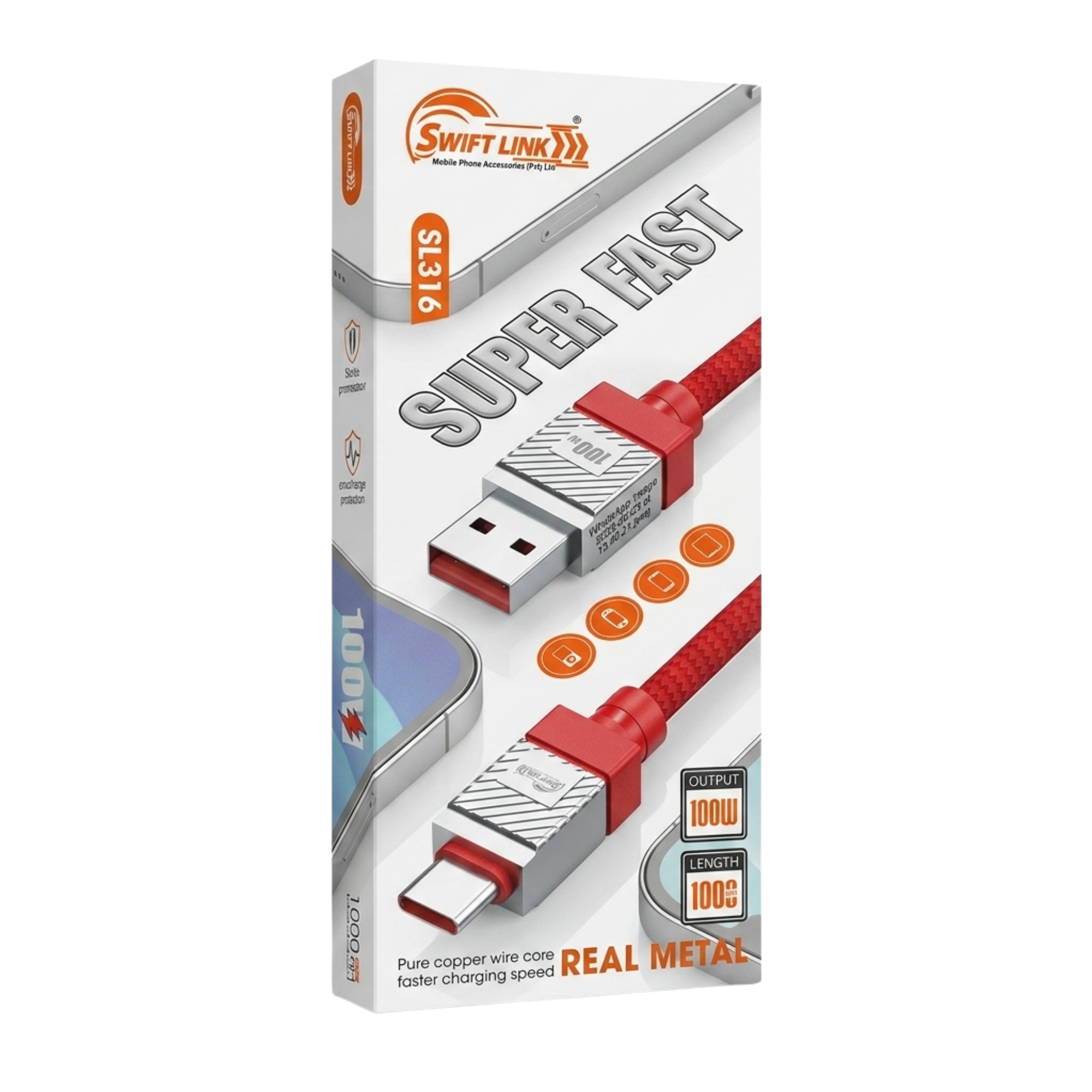Swift Link SL316 USB to Type-C 100W Super Fast Charging Data Cable – 1 Meter | Braided Metal Fast Charge Cable