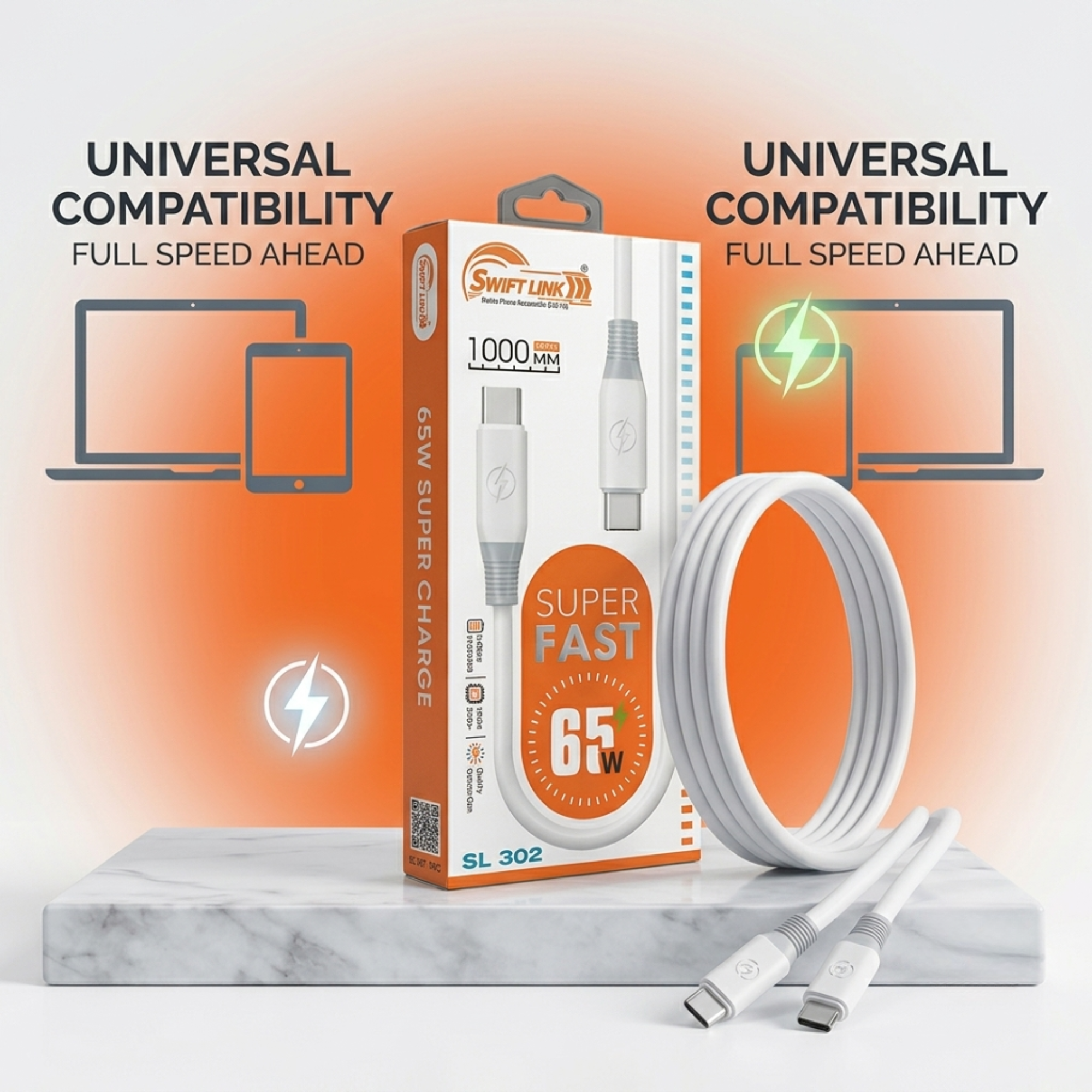 Swift Link SL-302 USB-C to USB-C 65W Fast Charging Cable | 1 Meter Type-C PD Charge & Data Sync Cable