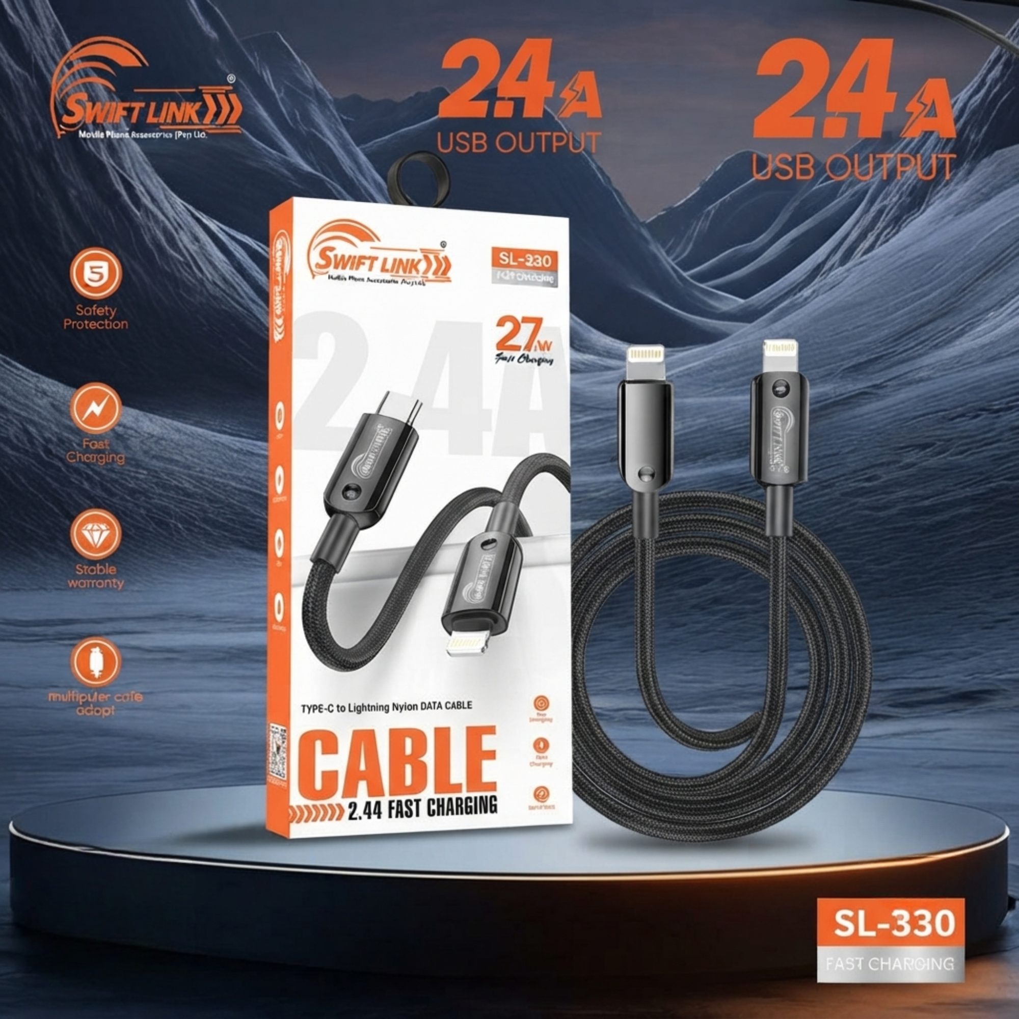 Swift Link SL330 Type-C to Lightning 27W PD Fast Charging Data Cable – 1 Meter | Nylon Braided iPhone Charging & Sync Cable