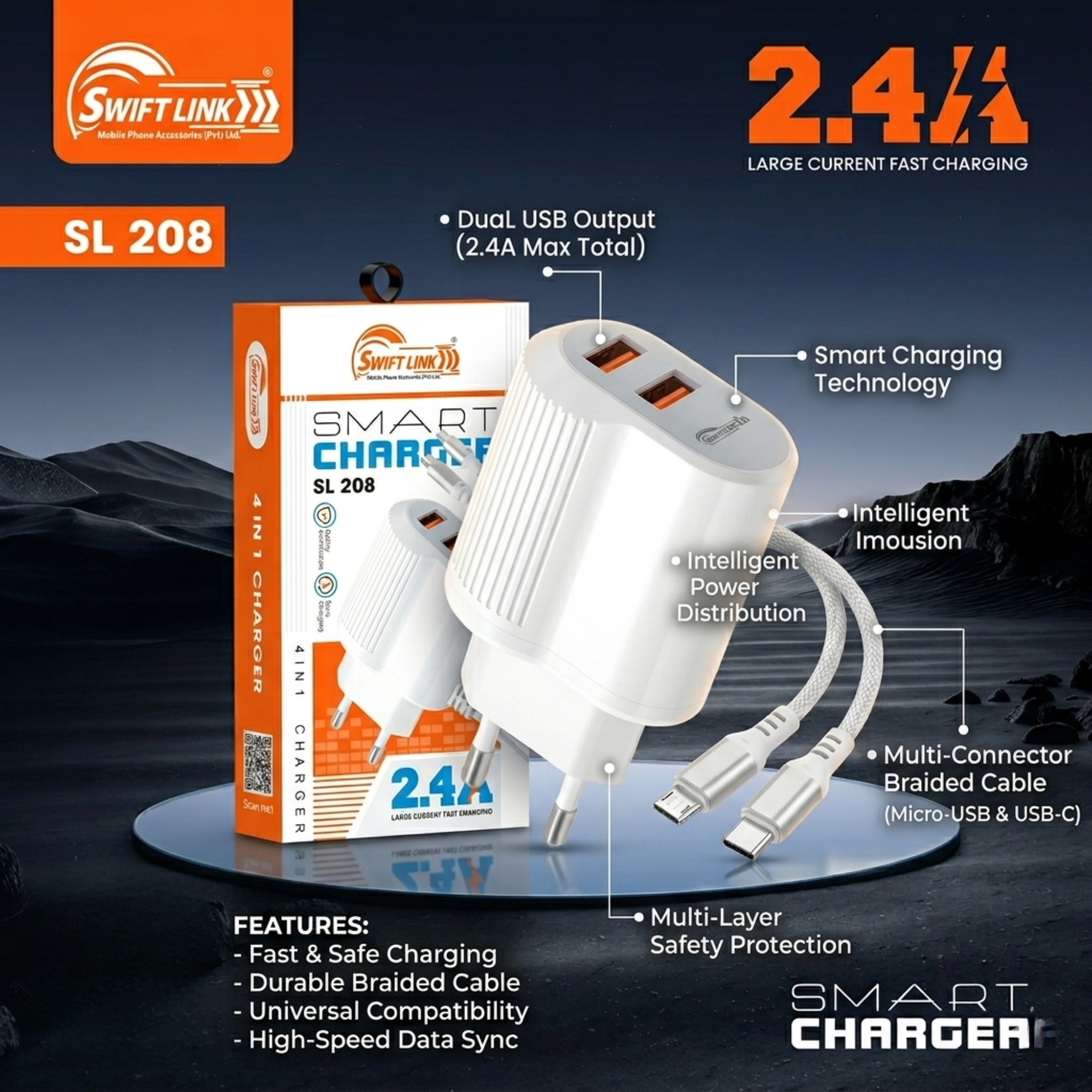 SwiftLink SL208 Fast Charging Dual USB Adapter with Type-C & Micro USB Cable