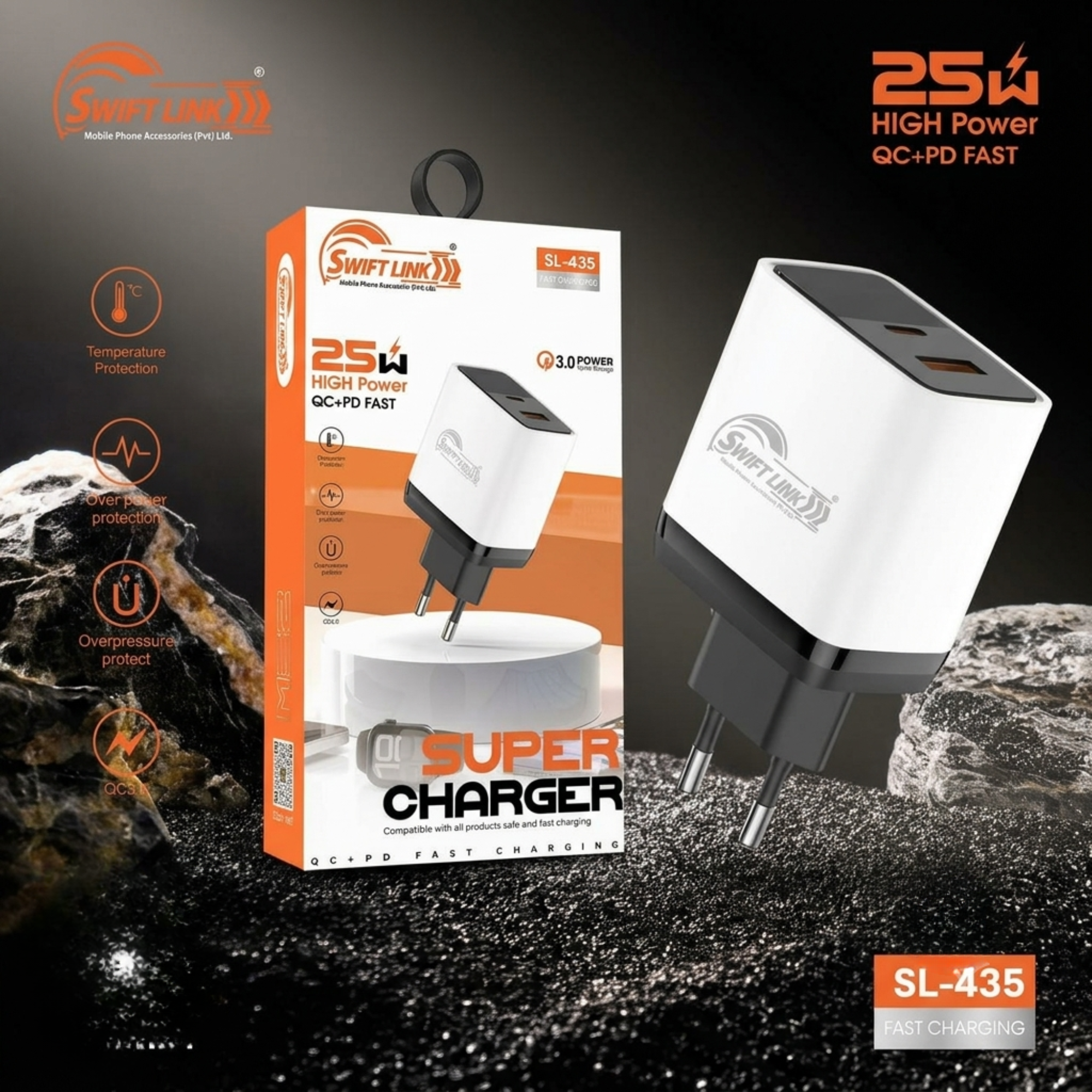Swift Link SL-435 25W QC 3.0 + PD Super Fast Charger | Dual Port USB-C & USB-A Wall Charger (EU Plug)