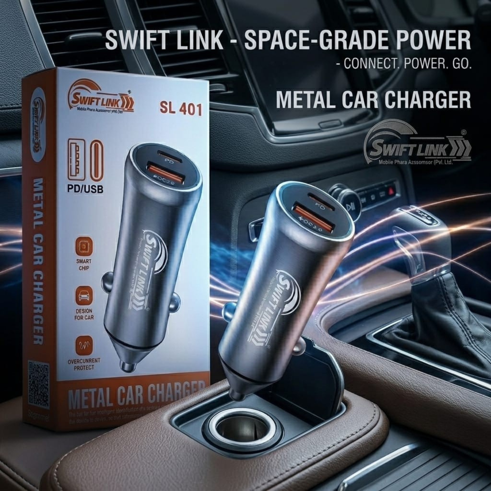 Swift Link SL-401 Metal Car Charger | PD + USB Fast Charging Adapter