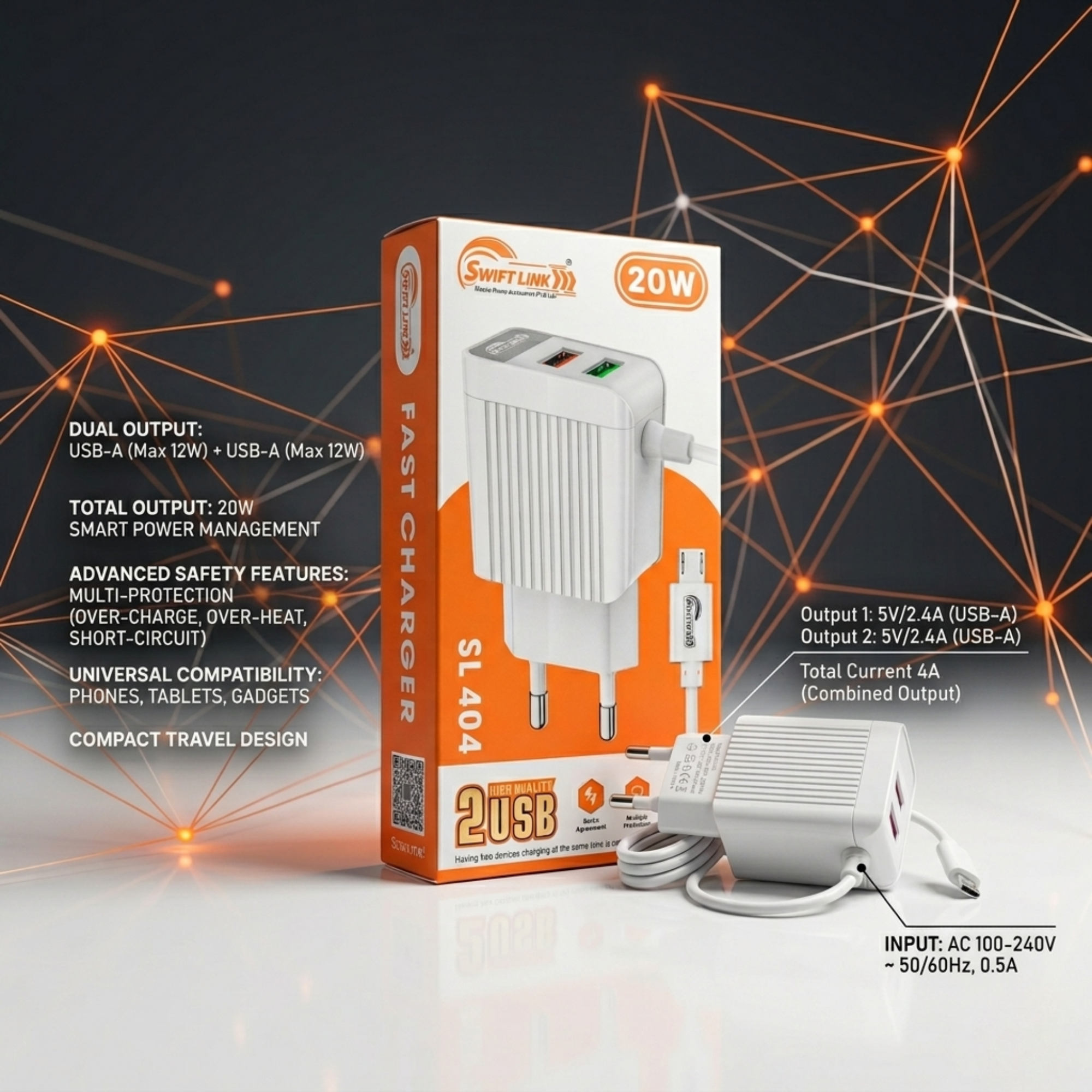 Swift Link SL-404 20W Fast Charger – Dual USB Quick Charge Adapter