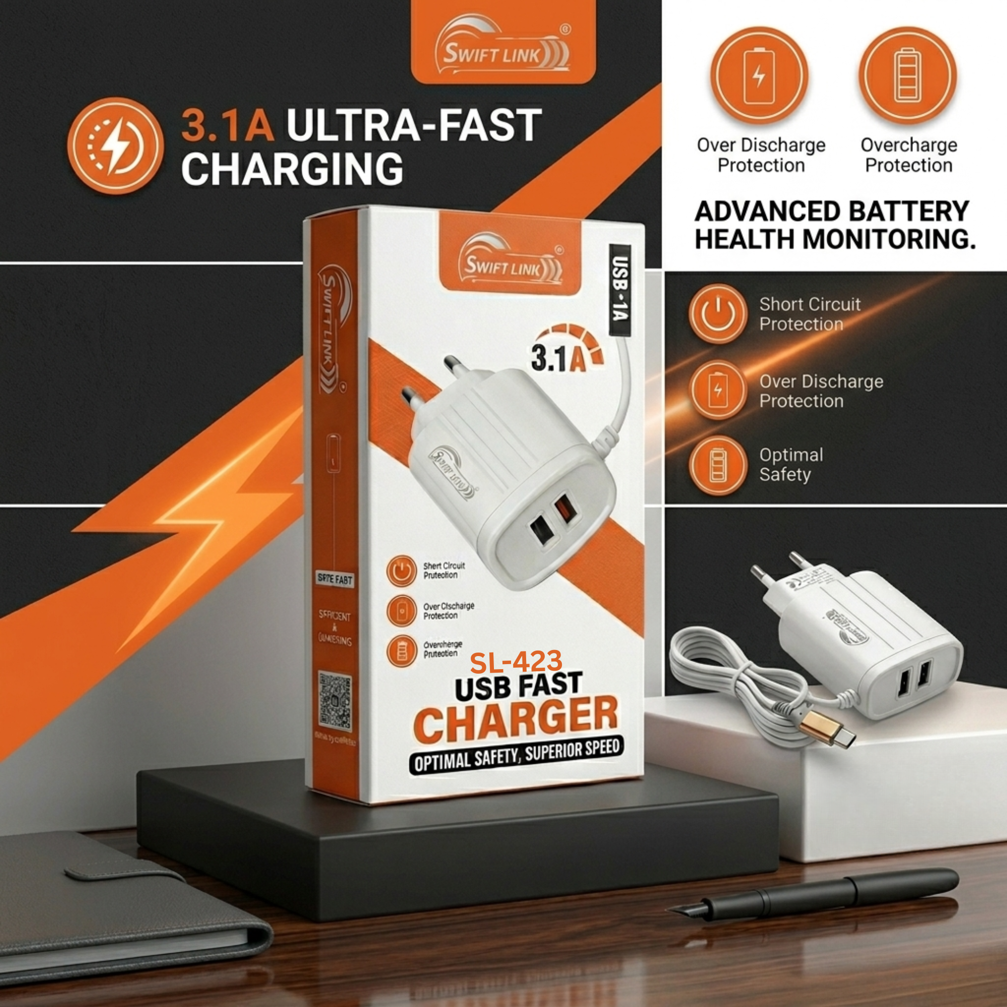 SwiftLink SL-423 3.1A Fast Charger with Dual USB Ports | Ultra Fast Charging Wall Adapter.