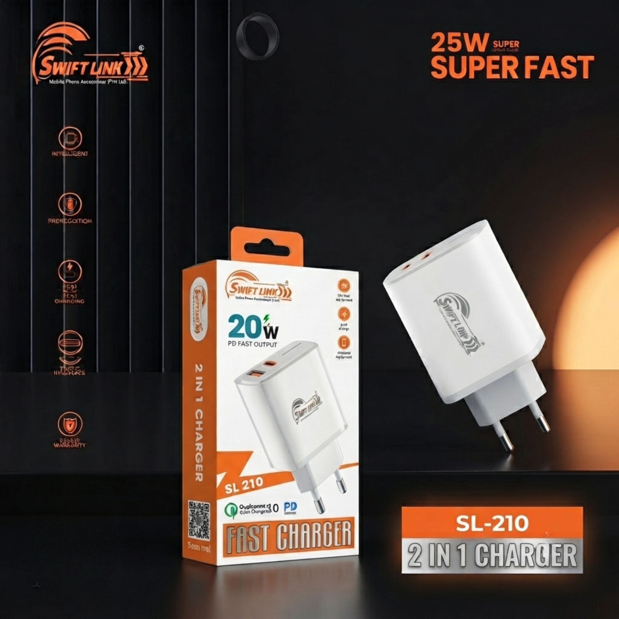 Swift Link SL210 20W PD Fast Charger | Dual Port USB + USB-C | QC 3.0 Fast Charging Adapter