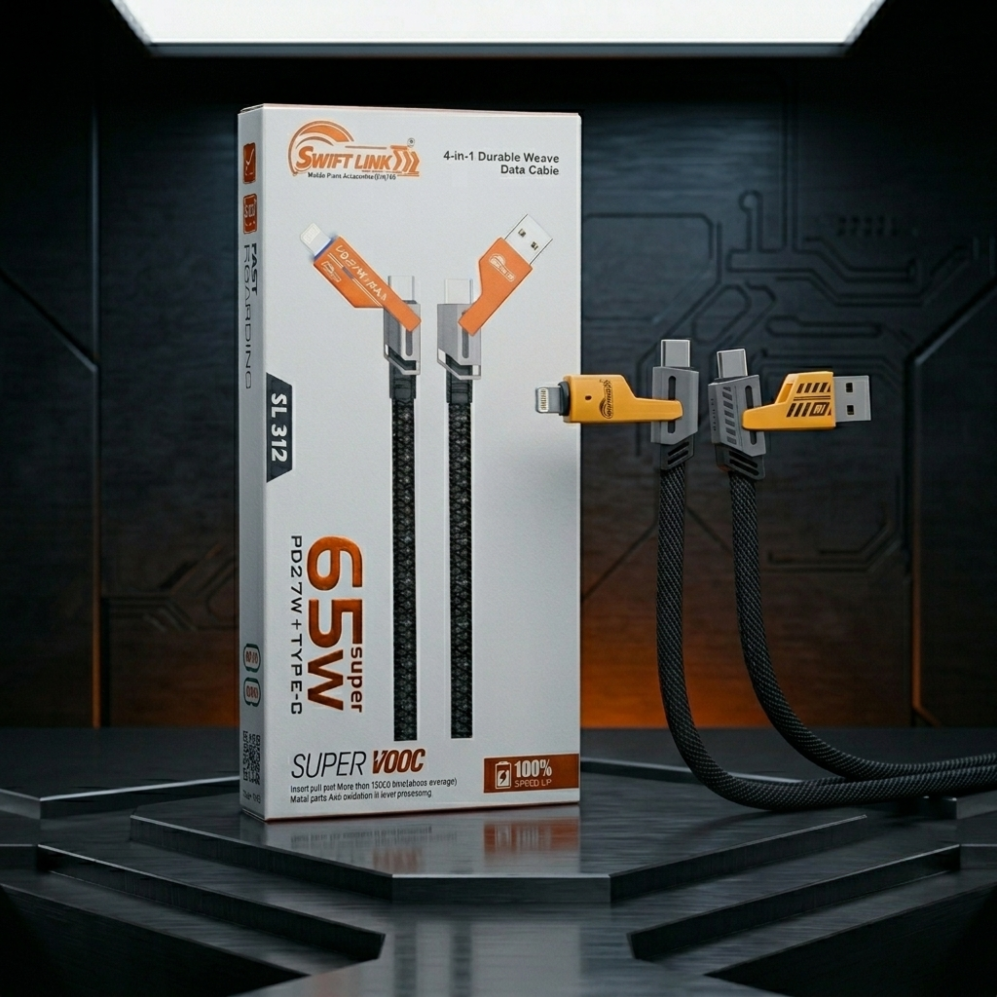 Swift Link SL-312 4-in-1 Fast Charging Data Cable 65W PD Type-C Multi Connector Cable