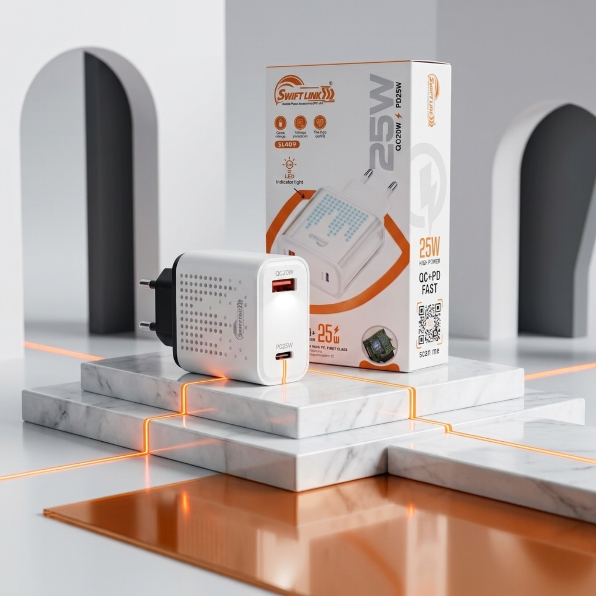 Swift Link SL-409 25W Fast Charger | QC 3.0 + PD USB-C Dual Port Wall Charger with LED Display