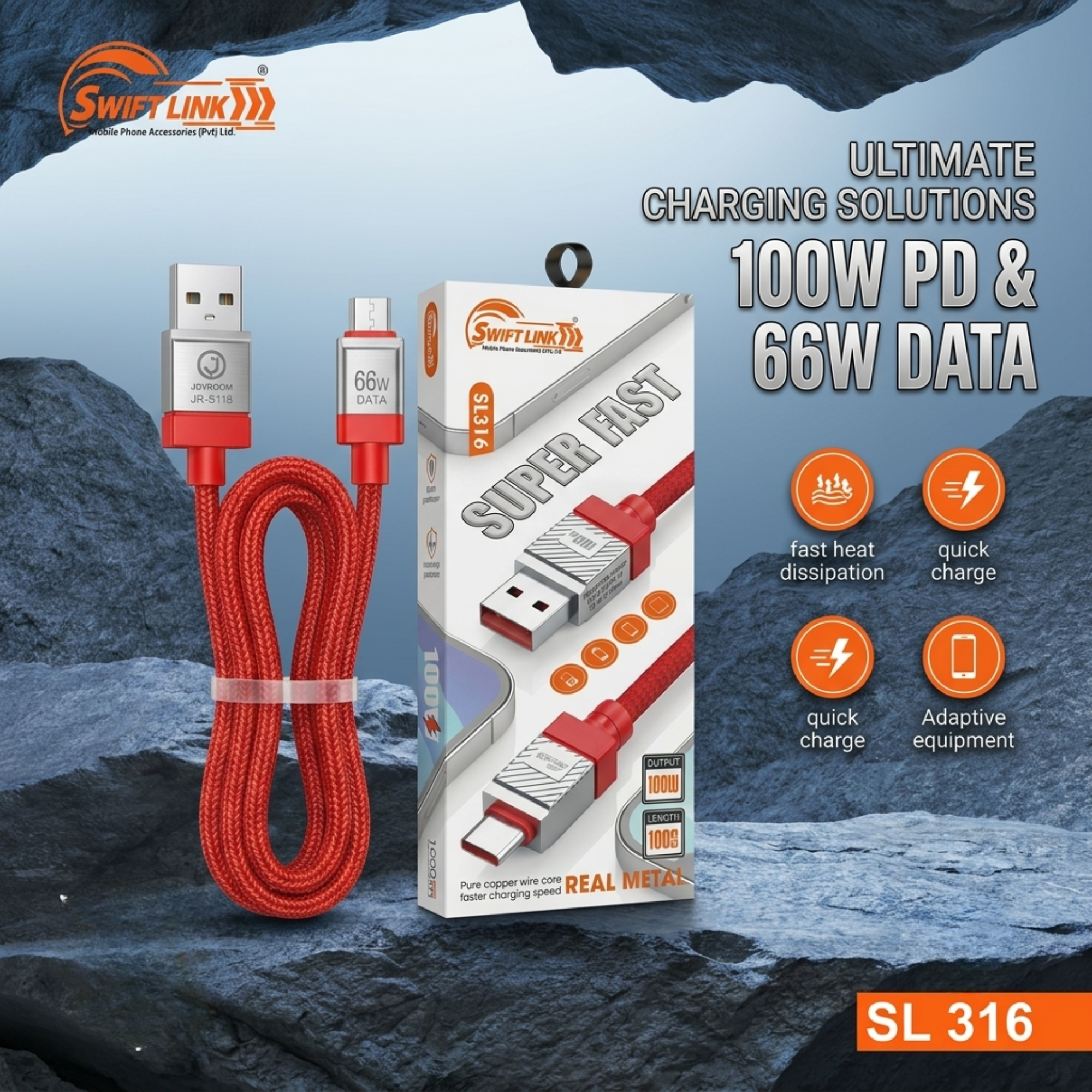 Swift Link SL316 USB to Type-C 100W Super Fast Charging Data Cable – 1 Meter | Braided Metal Fast Charge Cable