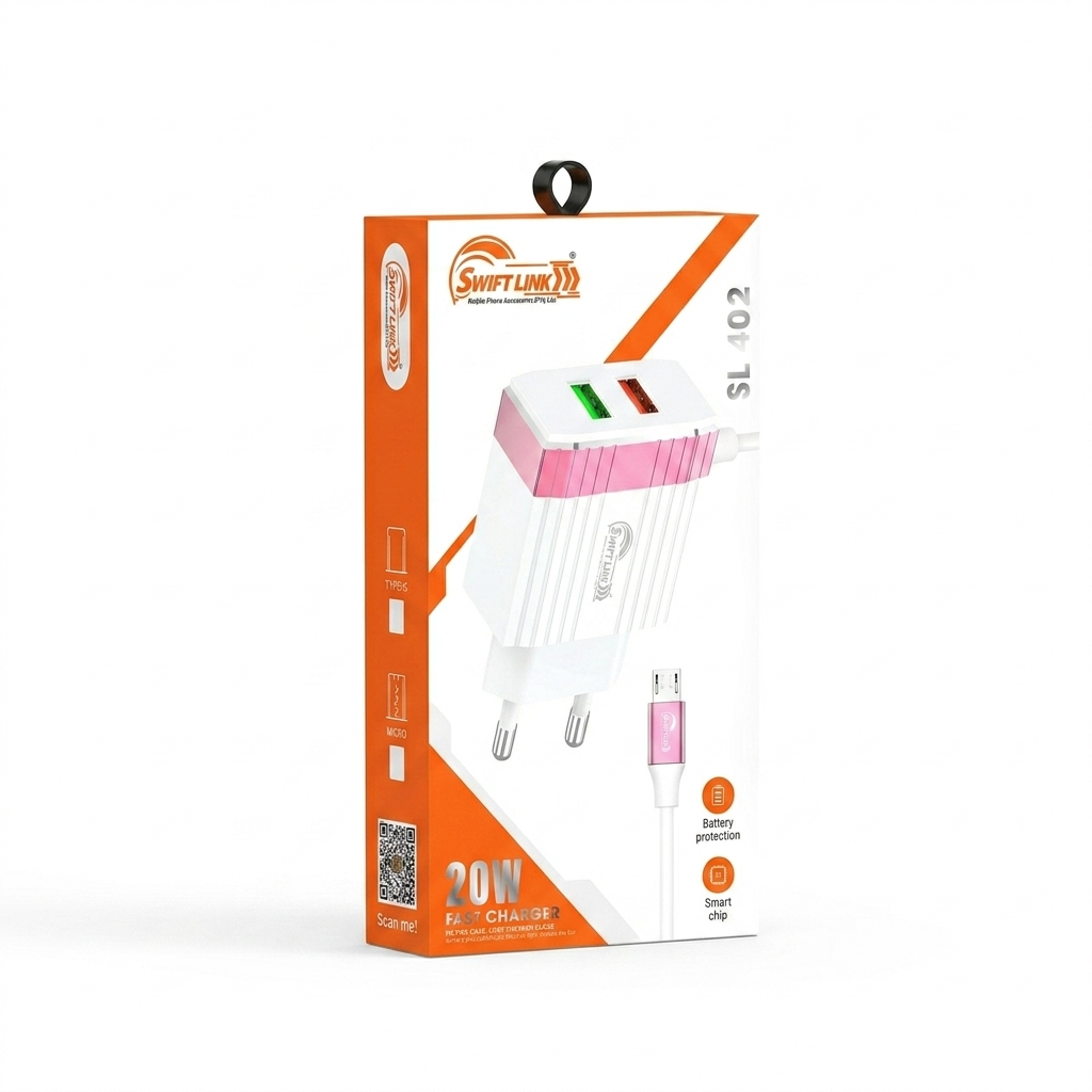 SwiftLink SL402 20W Fast Charger Dual USB Wall Adapter | Smart Chip Protection | Fast Charging Charger