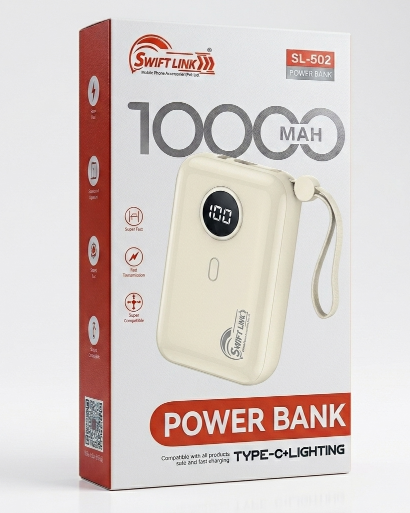 SwiftLink SL-502 10000mAh Power Bank with Digital Display | Type-C & Lightning Fast Charging Portable Charger