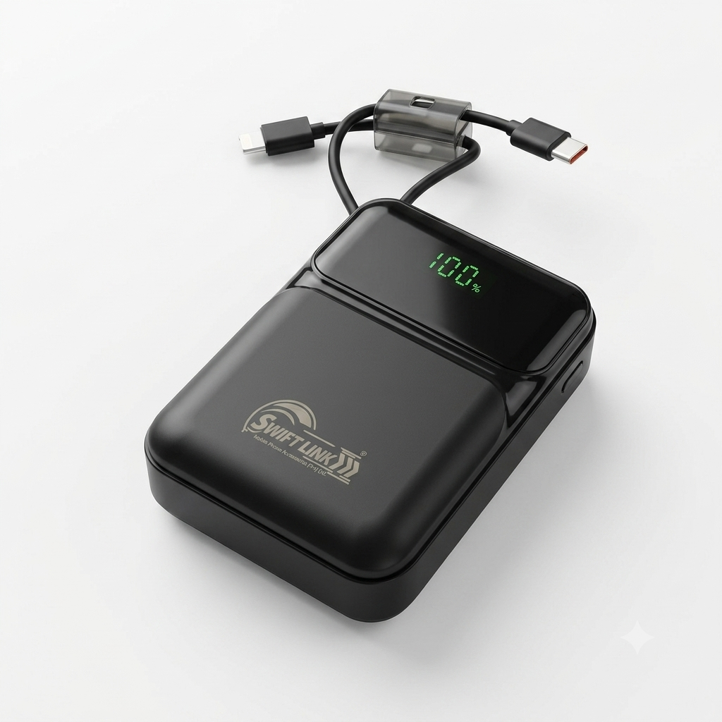 SwiftLink SL-501 20000mAh Power Bank with Built-in Type-C & Lightning Cables | Fast Charging Portable Power Bank | LED Digital Display