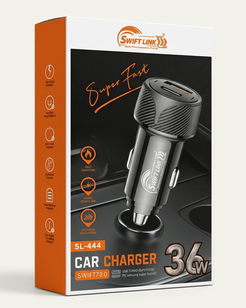 SwiftLink SL-444 36W Fast Car Charger Dual USB Port | Premium Car Charger Adapter | High-Speed Charging.