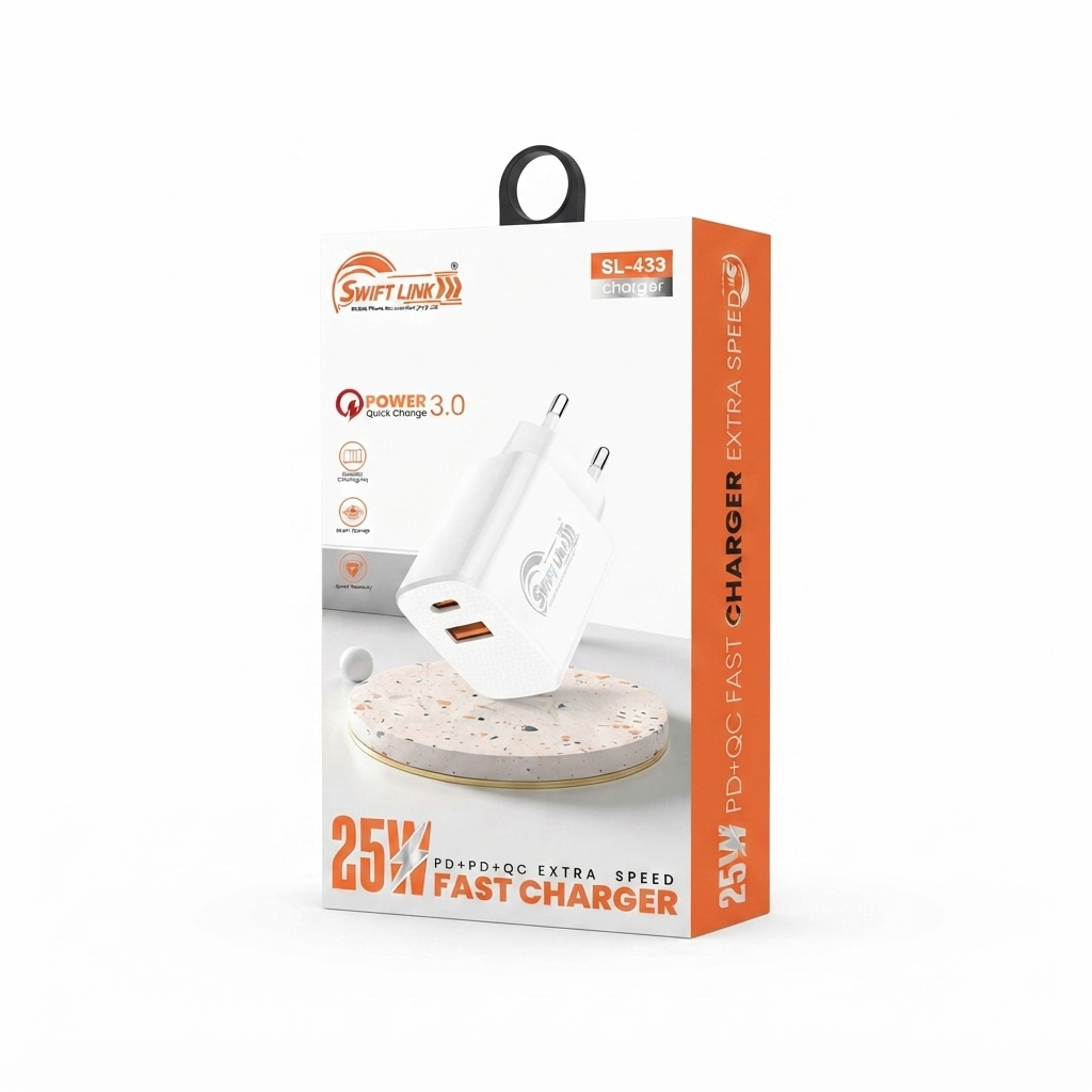 SwiftLink SL-433 25W Super Fast Charger | PD 3.0 + QC 3.0 | USB-C + USB-A Dual Port Wall Charger for Samsung, iPhone & Android