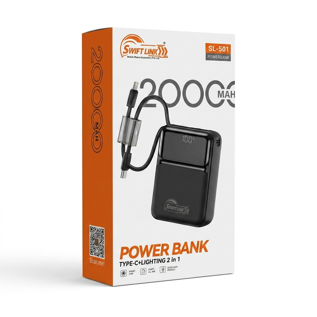 SwiftLink SL-501 20000mAh Power Bank with Built-in Type-C & Lightning Cables | Fast Charging Portable Power Bank | LED Digital Display