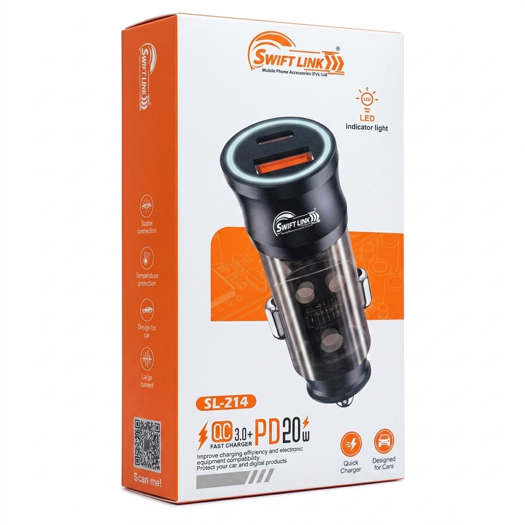 Swift Link SL-214 Car Charger QC 3.0 + PD 20W Fast Charging Dual Port USB Type-C Car Adapter
