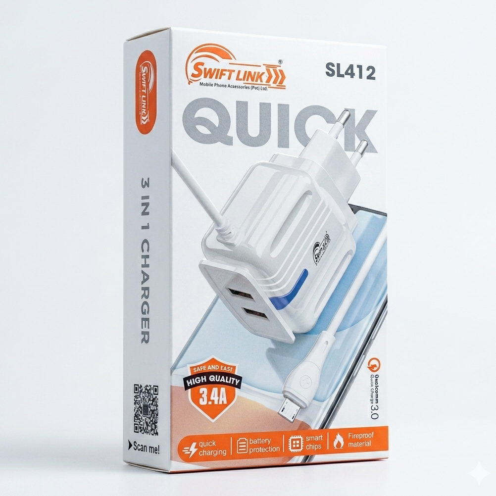 Swift Link SL412 3-in-1 Fast Charger 3.4A Dual USB Wall Charger with Micro USB Cable