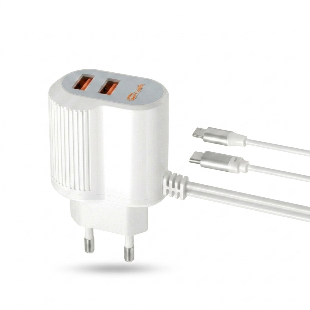 SwiftLink SL208 Fast Charging Dual USB Adapter with Type-C & Micro USB Cable