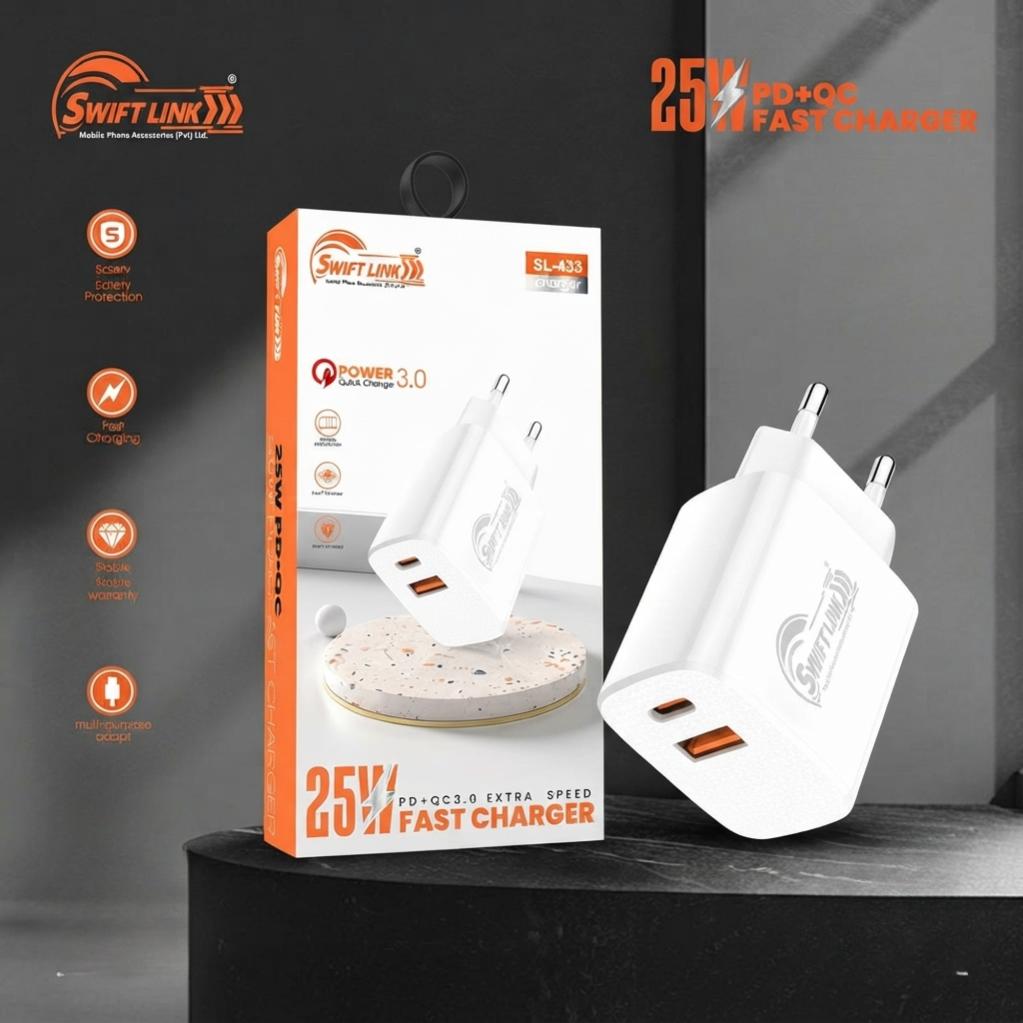 SwiftLink SL-433 25W Super Fast Charger | PD 3.0 + QC 3.0 | USB-C + USB-A Dual Port Wall Charger for Samsung, iPhone & Android