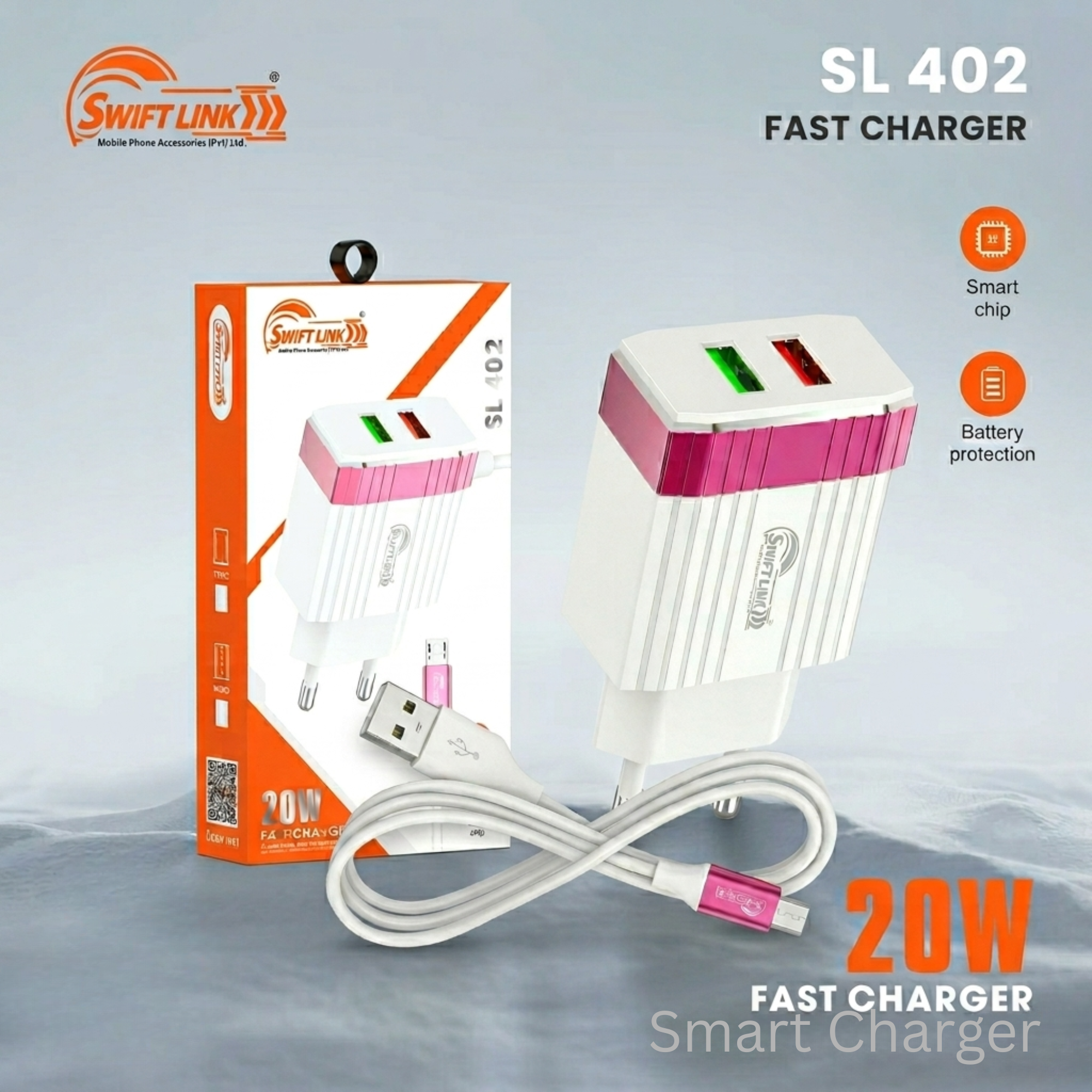 SwiftLink SL402 20W Fast Charger Dual USB Wall Adapter | Smart Chip Protection | Fast Charging Charger