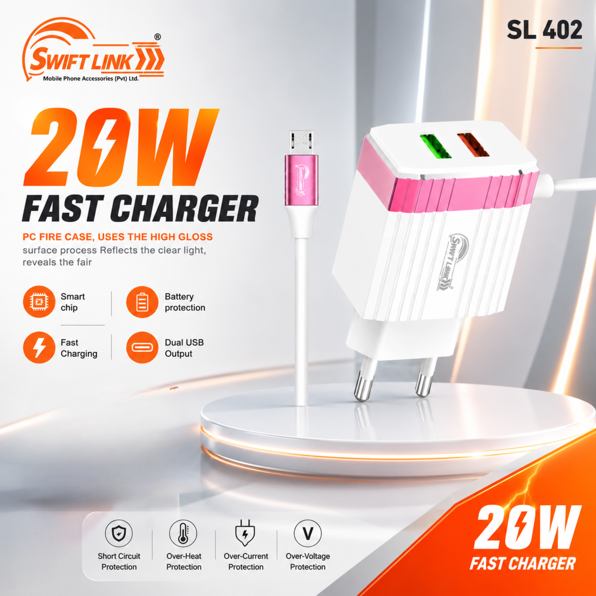 SwiftLink SL402 20W Fast Charger Dual USB Wall Adapter | Smart Chip Protection | Fast Charging Charger