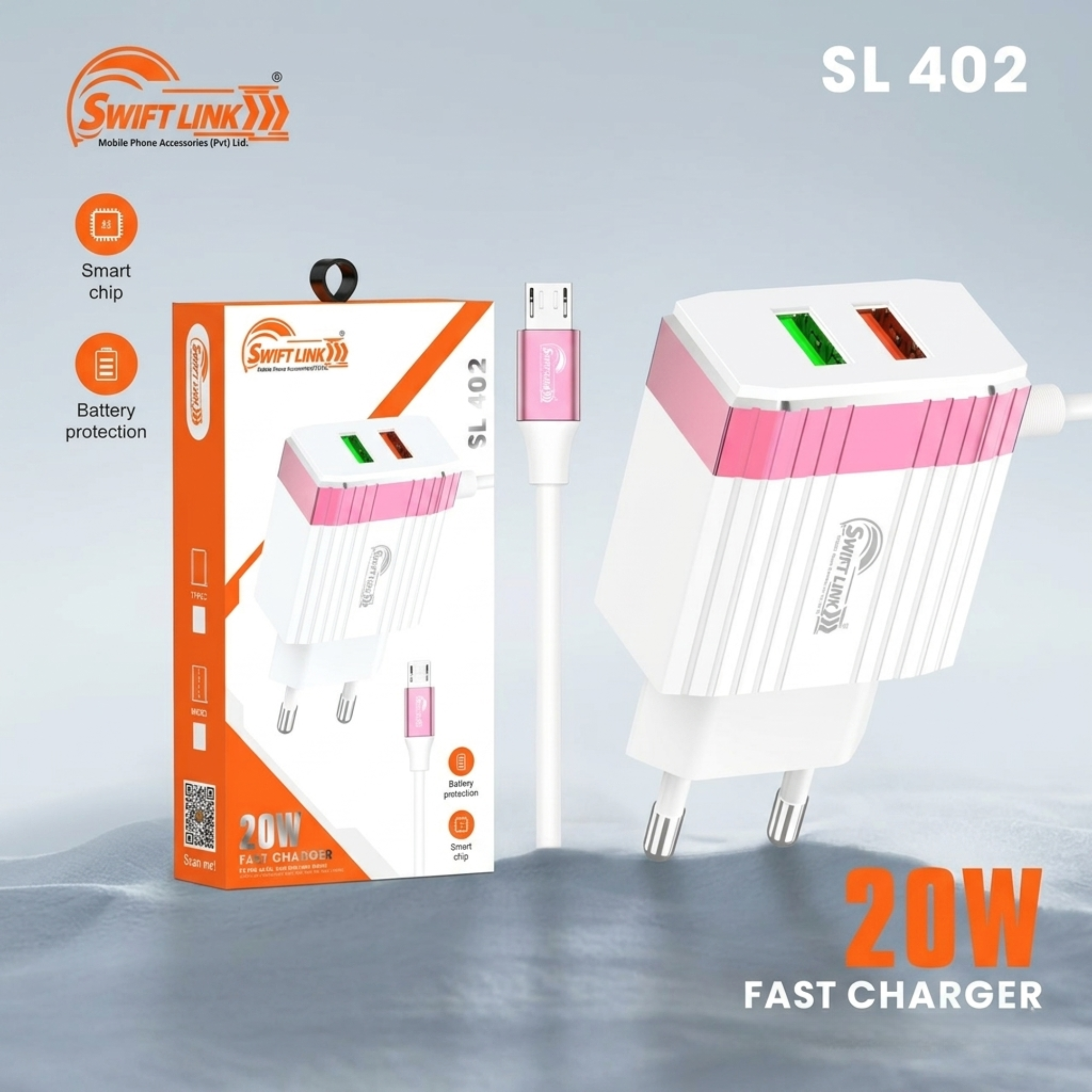 SwiftLink SL402 20W Fast Charger Dual USB Wall Adapter | Smart Chip Protection | Fast Charging Charger