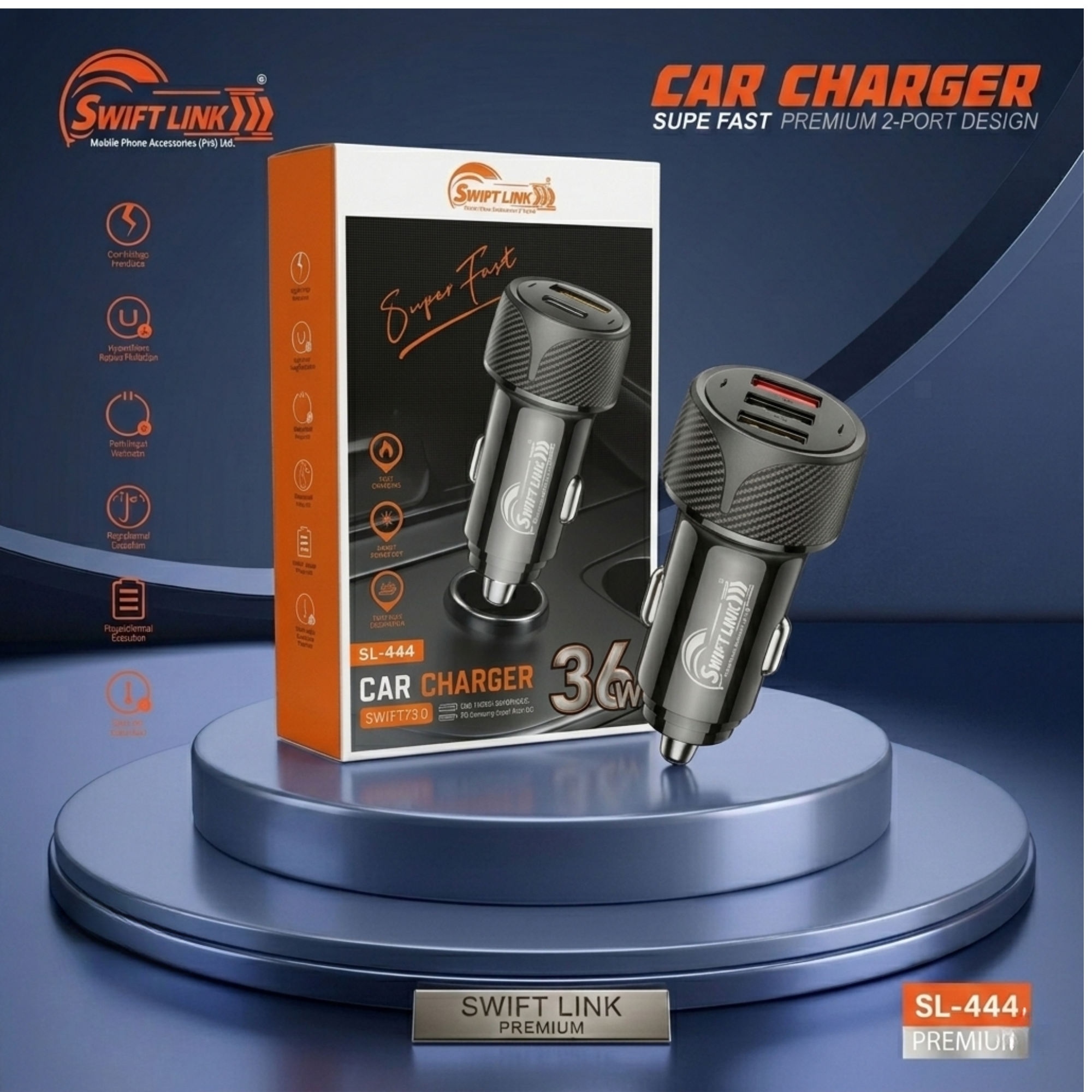 SwiftLink SL-444 36W Fast Car Charger Dual USB Port | Premium Car Charger Adapter | High-Speed Charging.