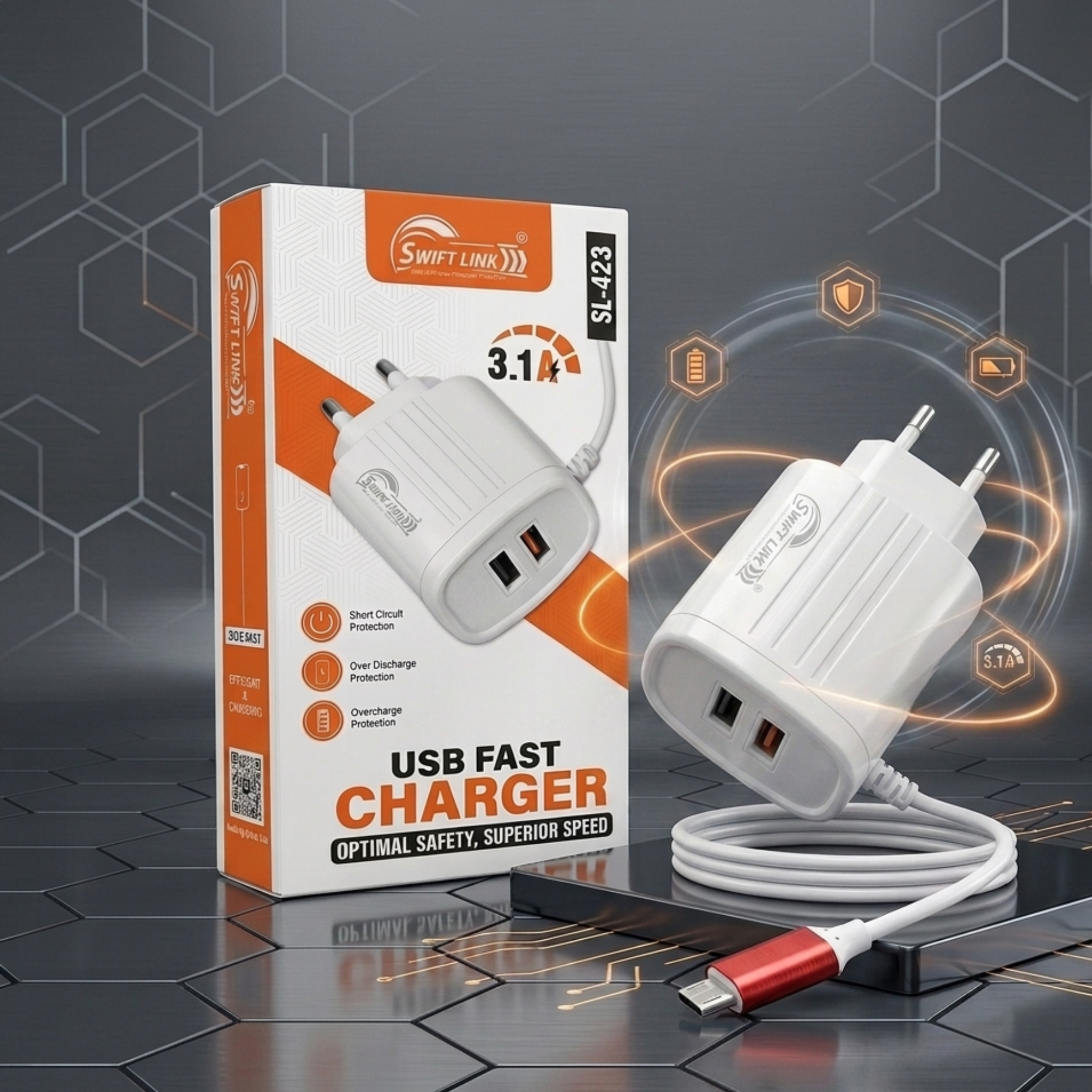 SwiftLink SL-423 3.1A Dual USB Fast Charger | Safe & Efficient Mobile Charging Adapter