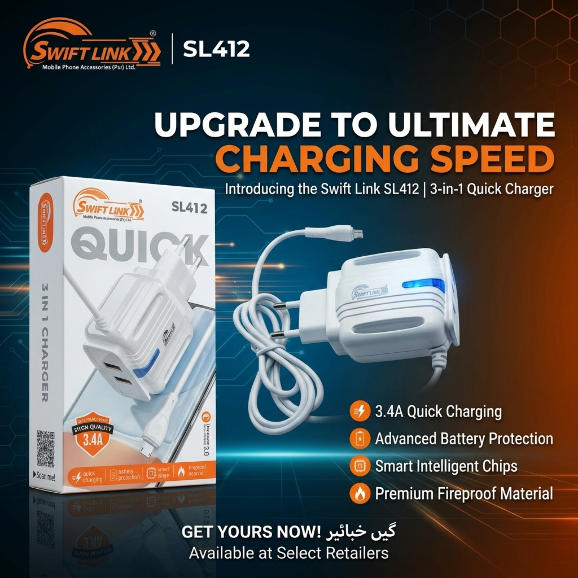 Swift Link SL412 3-in-1 Fast Charger 3.4A Dual USB Wall Charger with Micro USB Cable